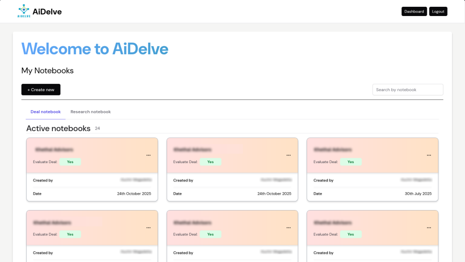 VC Deal Notebook interface showing deal and research notebook creation with status filtering