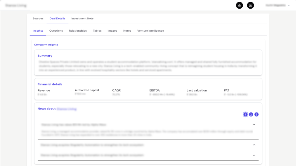 VC Deal Notebook showing company insights, financial details, and categorized internal data