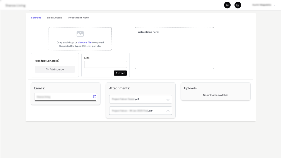 VC Deal Notebook file upload interface for PDFs, Excel sheets, and URL data extraction