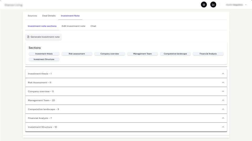 VC Deal Notebook showing AI-generated investment categories with editing and selection options